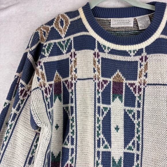 Vintage Hennessy Van Heusen Pullover Sweater Men's Medium Geometric Block Nordic - Picture 9 of 12